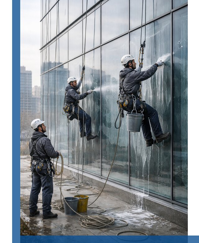 Промышленная мойка панорамных окон на высоте в Сургуте