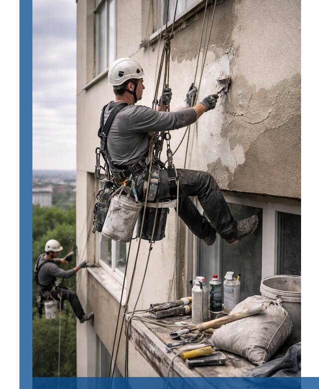 Косметический ремонт фасада зданий в Сургуте промышленными альпинистами