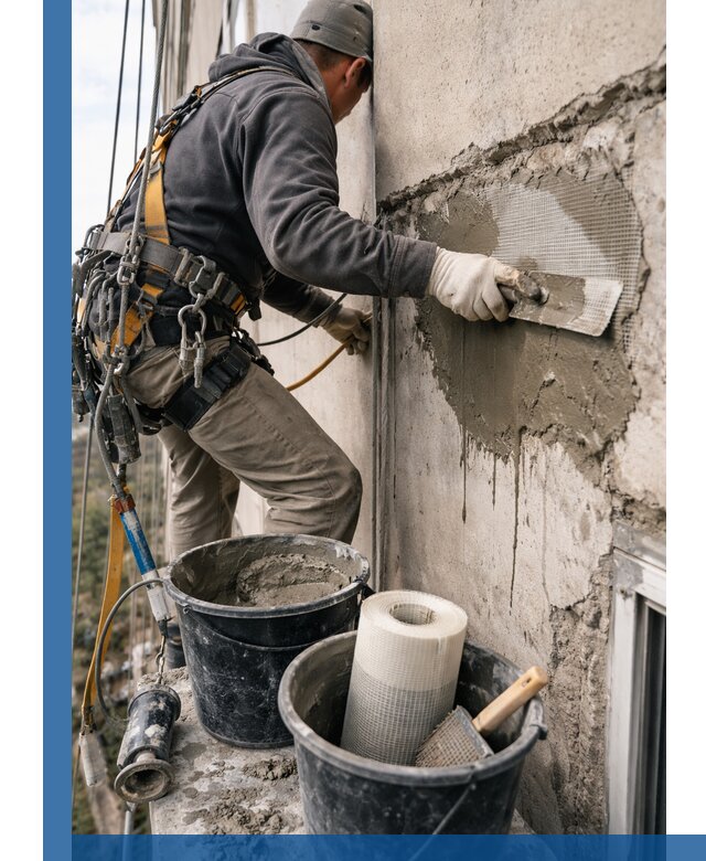 Ремонт бетонных элементов фасада промышленными альпинистами в Сургуте