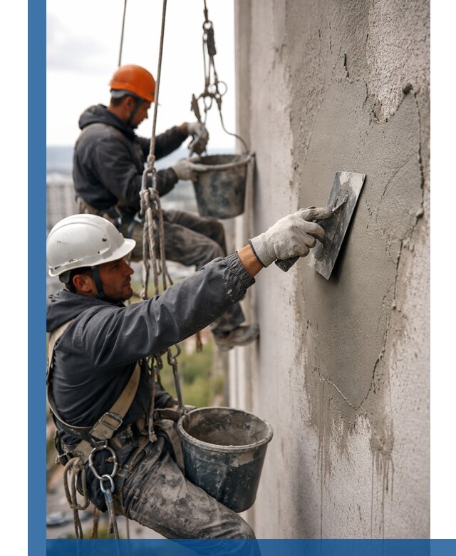 Штукатурка фасада на высоте в Сургуте профессиональные работы