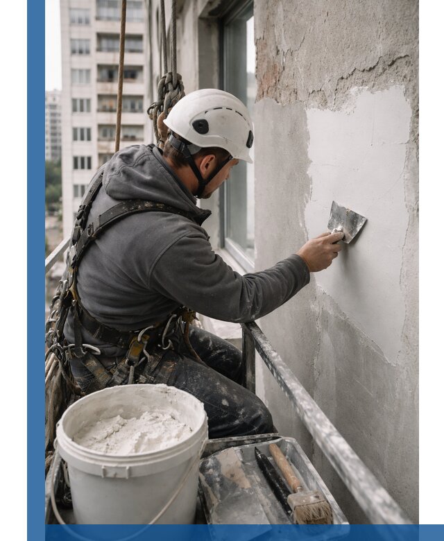 Шпаклевка фасадов на высоте с промальпинистами в Сургуте