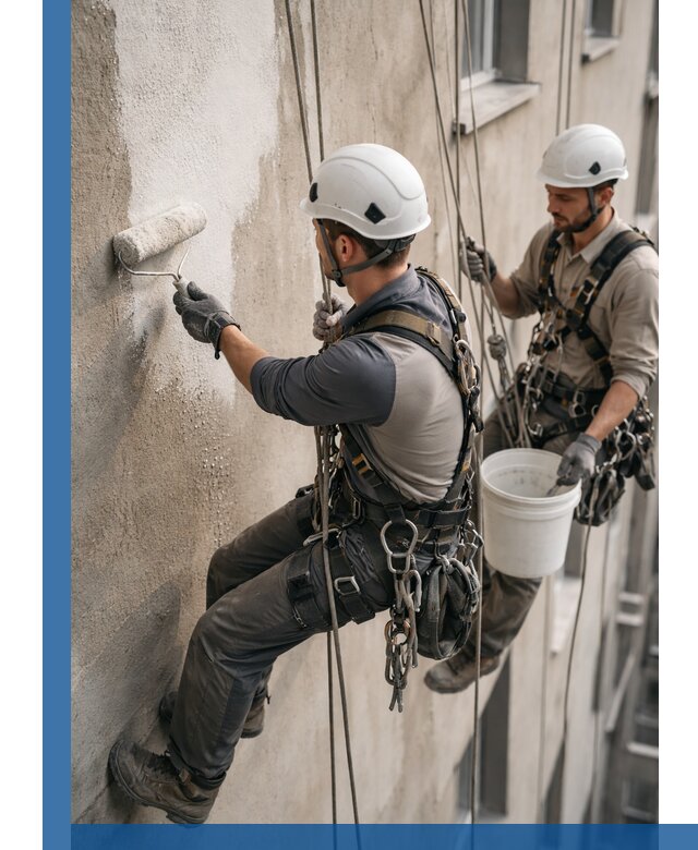 Грунтовка фасада на высоте в Сургуте промышленными альпинистами