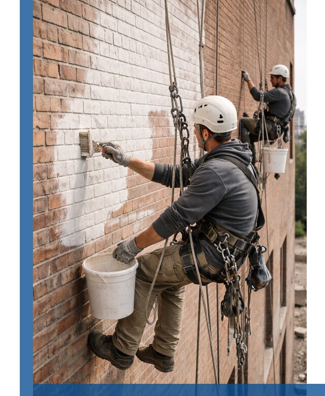 Покраска кирпичного фасада с доступным альпинистским сервисом в Сургуте