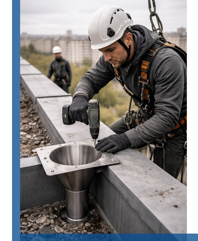 Монтаж водосточных воронок в Сургуте для промышленных зданий