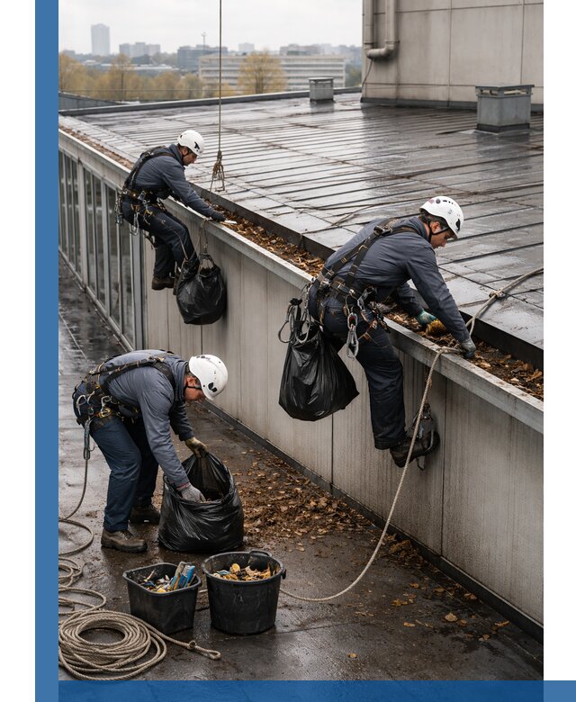 Очистка кровли по периметру в Сургуте силами промышленных альпинистов