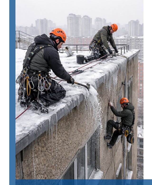 Удаление наледи с кровли в Сургуте промышленными альпинистами