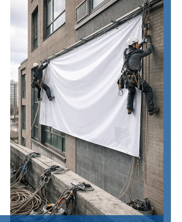 Монтаж баннеров на фасаде в Сургуте от 664 р. заказать ВЫСОТНИК-Срг