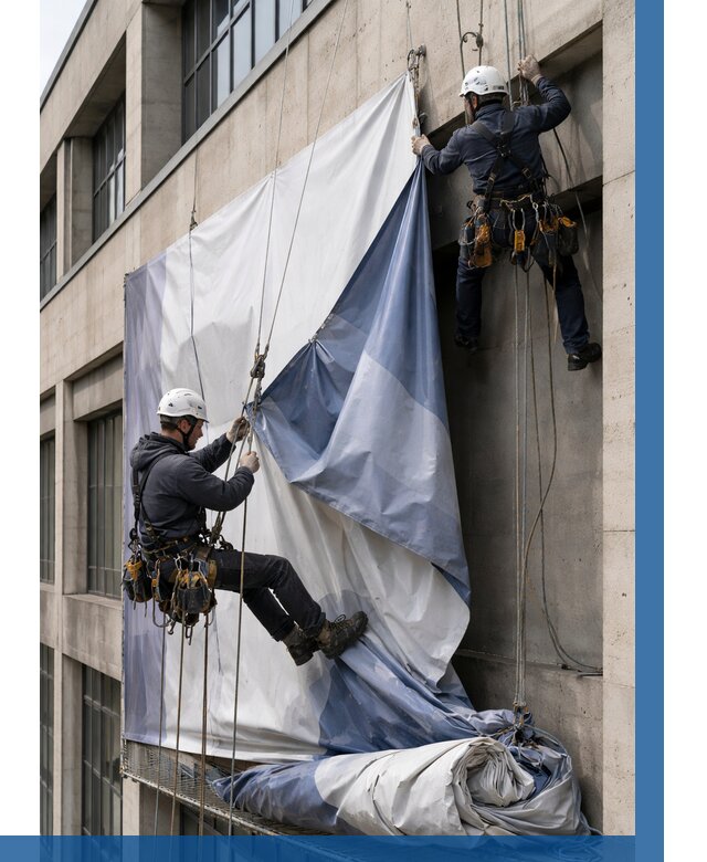 Демонтаж баннеров с фасада в Сургуте от 4600 р. | ВЫСОТНИК-Срг