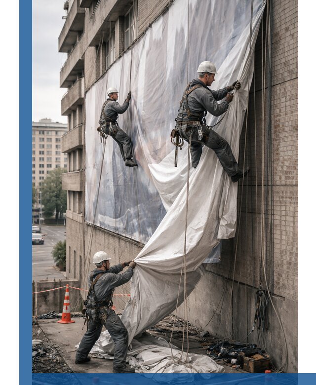 Демонтаж баннеров с фасада в Сургуте оперативно и безопасно