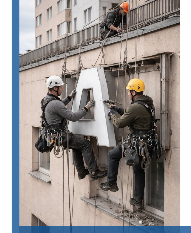 Ремонт и восстановление наружных вывесок на высоте в Сургуте