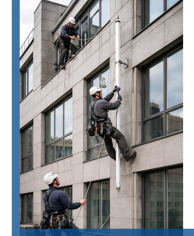 Монтаж флагштока на фасаде здания с креплением и герметикой в Сургуте