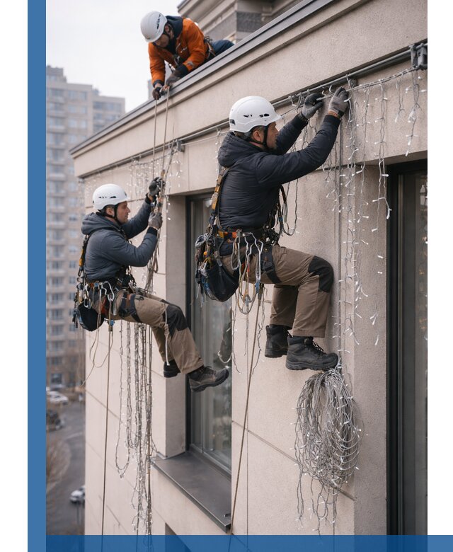 Монтаж праздничных гирлянд на фасаде в Сургуте для зданий