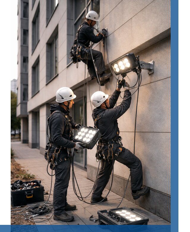 Монтаж прожекторов на фасаде в Сургуте от 7667 р. | ВЫСОТНИК-Срг