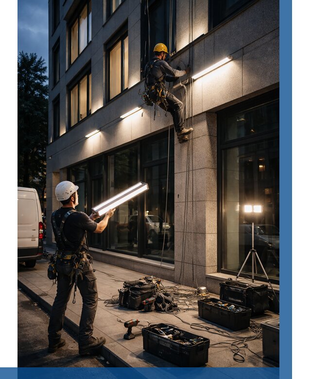 Монтаж архитектурной подсветки здания в Сургуте от 2556 р.|ВЫСОТНИК-Срг