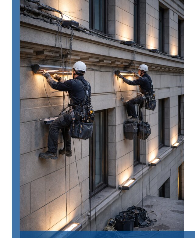 Монтаж архитектурной подсветки фасадов зданий в Сургуте