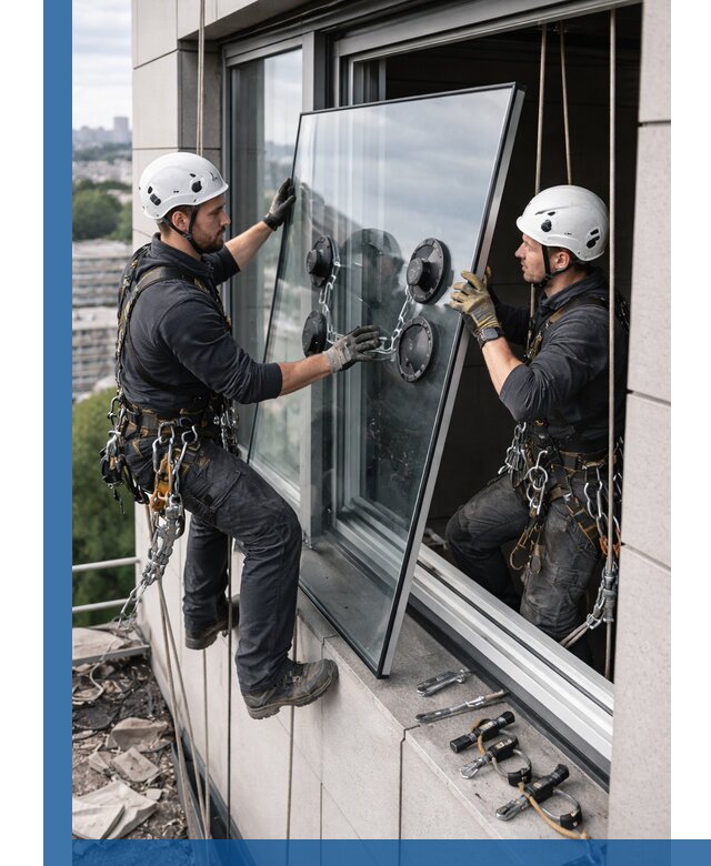 Замена стеклопакетов на высоте с промышленными альпинистами в Сургуте