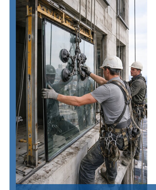 Монтаж стеклопакетов на высоте в Сургуте с промышленным альпинизмом