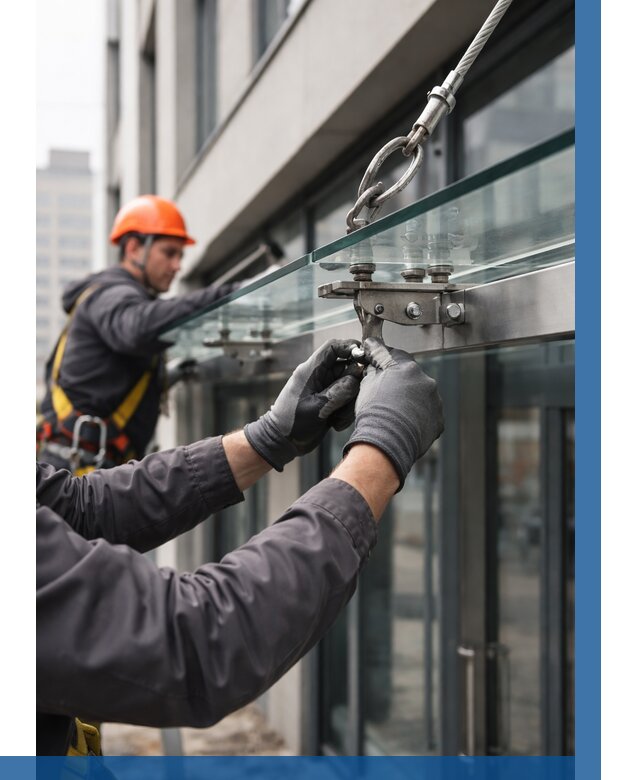 Монтаж стеклянных козырьков в Сургуте от 8689 р. | ВЫСОТНИК-Срг