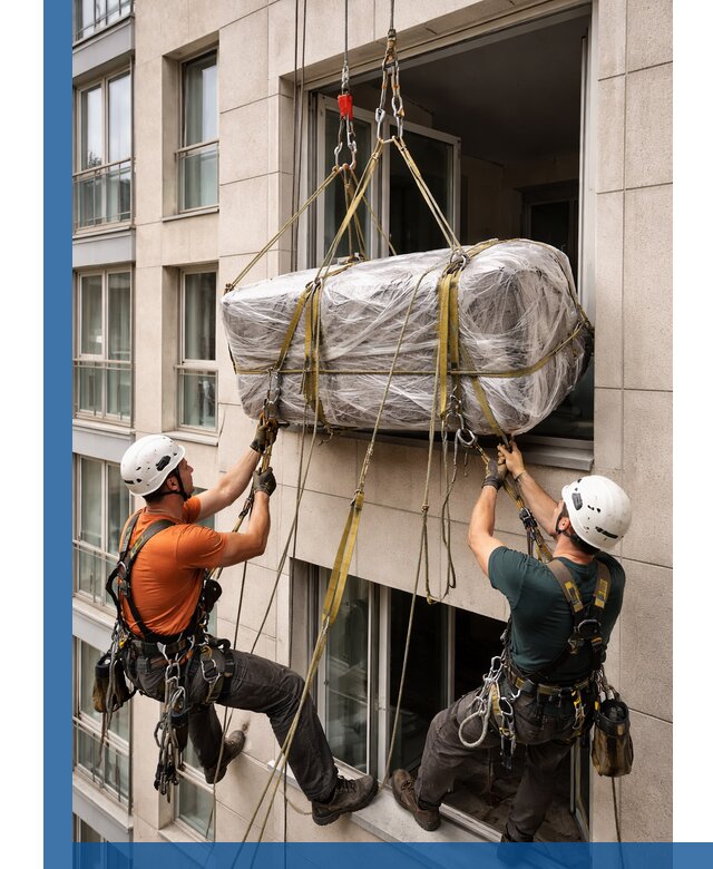 Подъем грузов через окно в Сургуте промышленными альпинистами