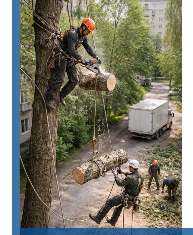 Спил деревьев альпинистами в Сургуте, безопасно и без повреждений