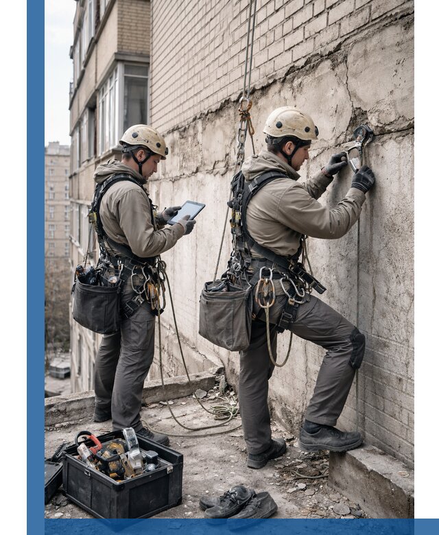 Обследование фасада промышленными альпинистами в Сургуте